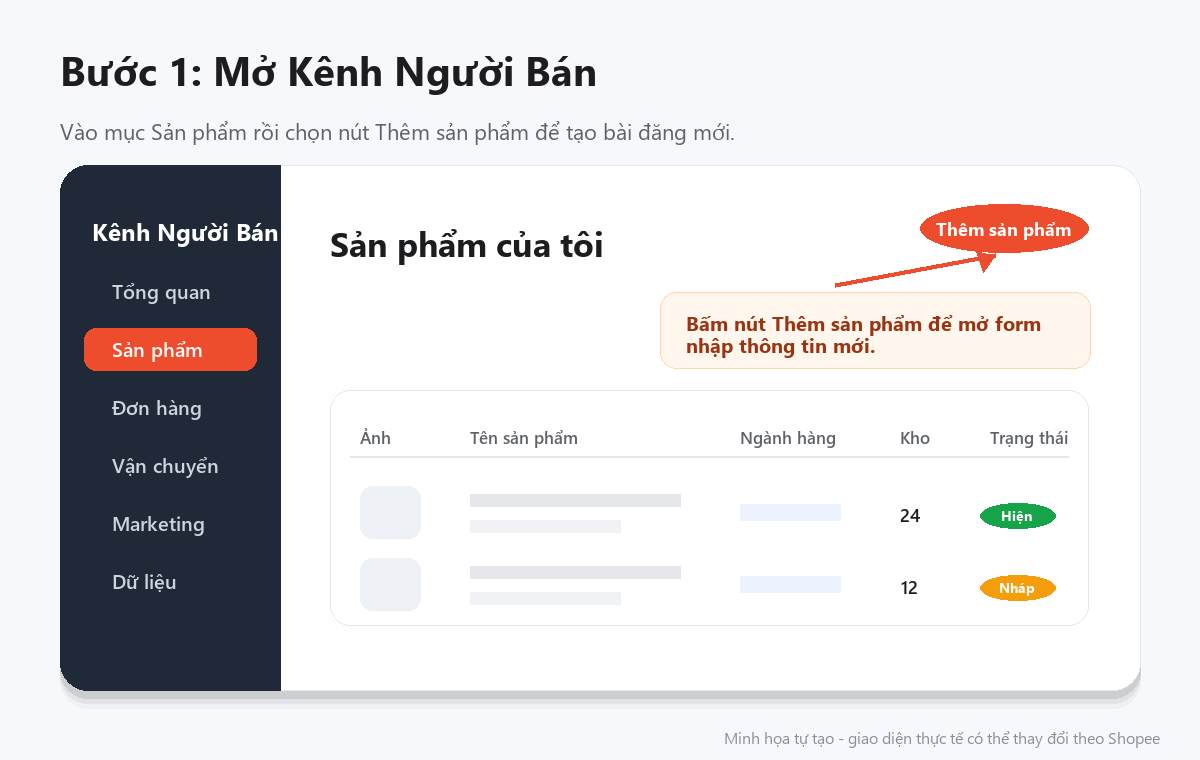Minh họa mở Kênh Người Bán và chọn Thêm sản phẩm