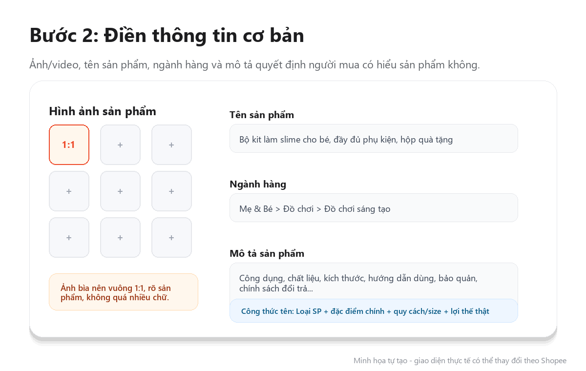 Minh họa nhập thông tin cơ bản khi đăng sản phẩm Shopee