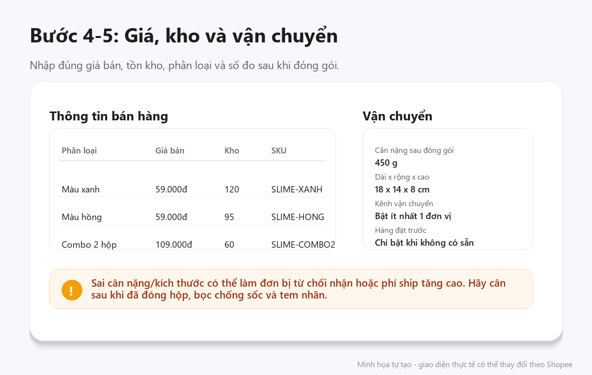 Minh họa nhập giá kho và vận chuyển trên Shopee
