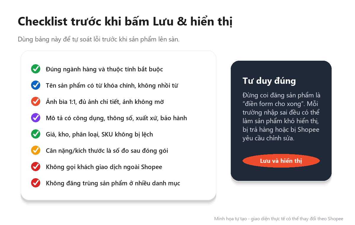 Checklist trước khi lưu và hiển thị sản phẩm Shopee